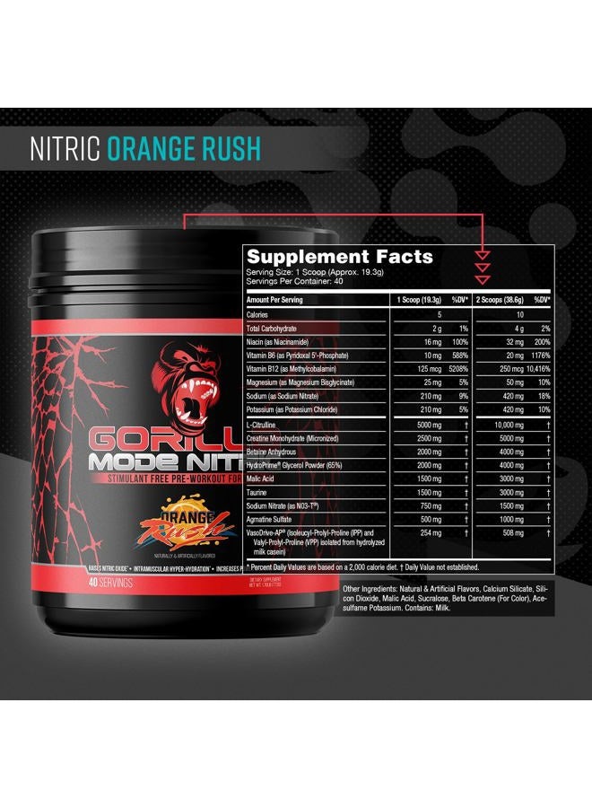 Gorilla Mind Gorilla Mode Nitric Upgraded Stimulant Free Pre-Workout – Best Tasting and Most Effective Stimulant Free Pre-Workout/Massive Pumps · Vasodilation · Power / 772 Grams (Orange Rush) - Image 2