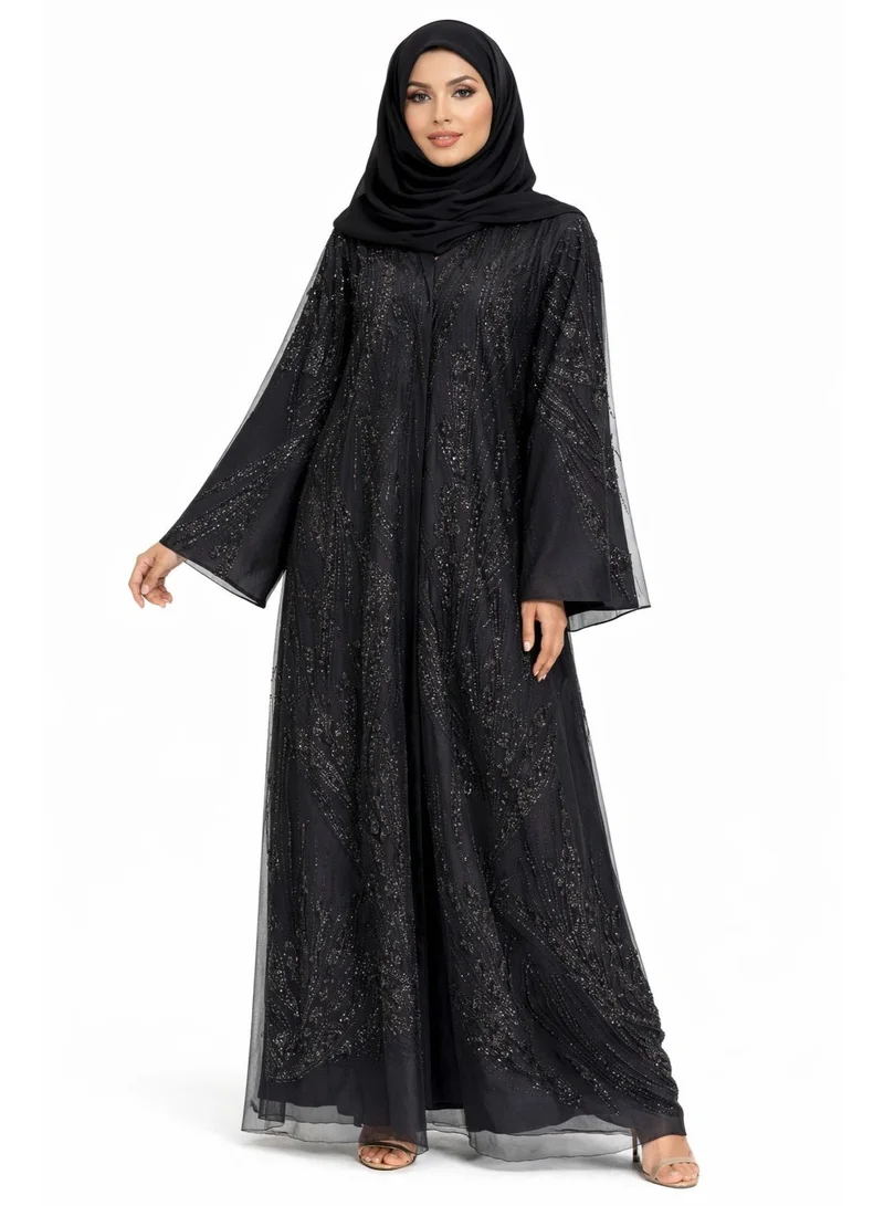 اوفيليا عباية سوداء فاخرة مطرزة للنساء – مجموعة دبي لعيد ورمضان، قصة واسعة أنيقة، شيفون فاخر، لباس محتشم للمناسبات