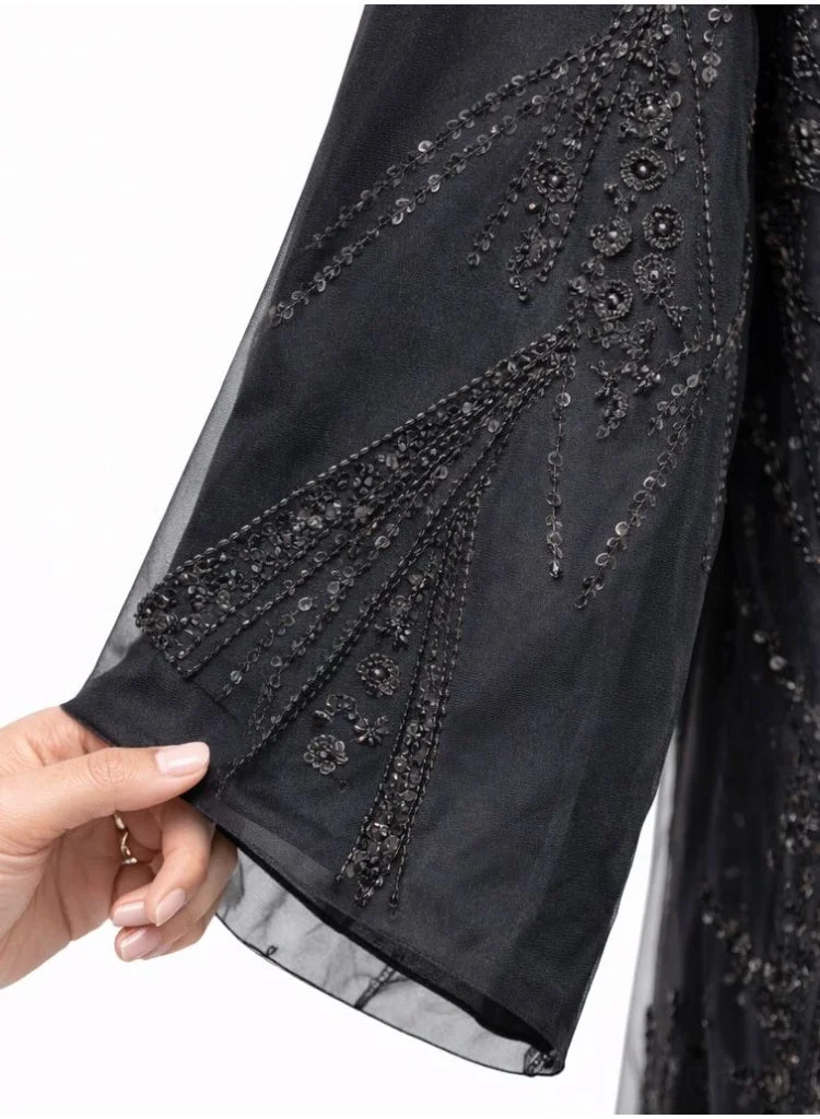 اوفيليا عباية سوداء فاخرة مطرزة للنساء – مجموعة دبي لعيد ورمضان، قصة واسعة أنيقة، شيفون فاخر، لباس محتشم للمناسبات