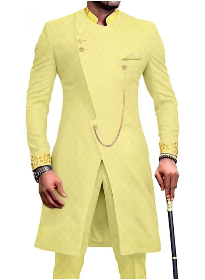 African Men Traditional Suit Dashiki Coats Chain Jacket and Pants Gold Embroidery Outwear Outfits for Wedding Evening - Image 1