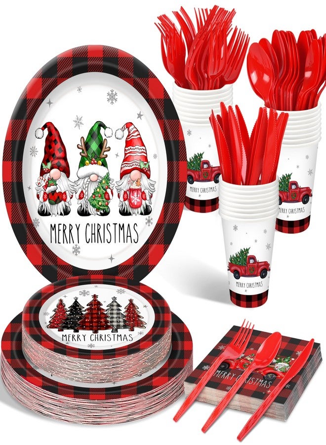THAWAY Christmas Plates Set Christmas Dinner Tableware Set Disposable 168Pcs Christmas Party Supplies for 24 Guests Buffalo Plaid Christmas Paper Plates Napkins Cups Plastic Forks Knives Spoons - Image 1