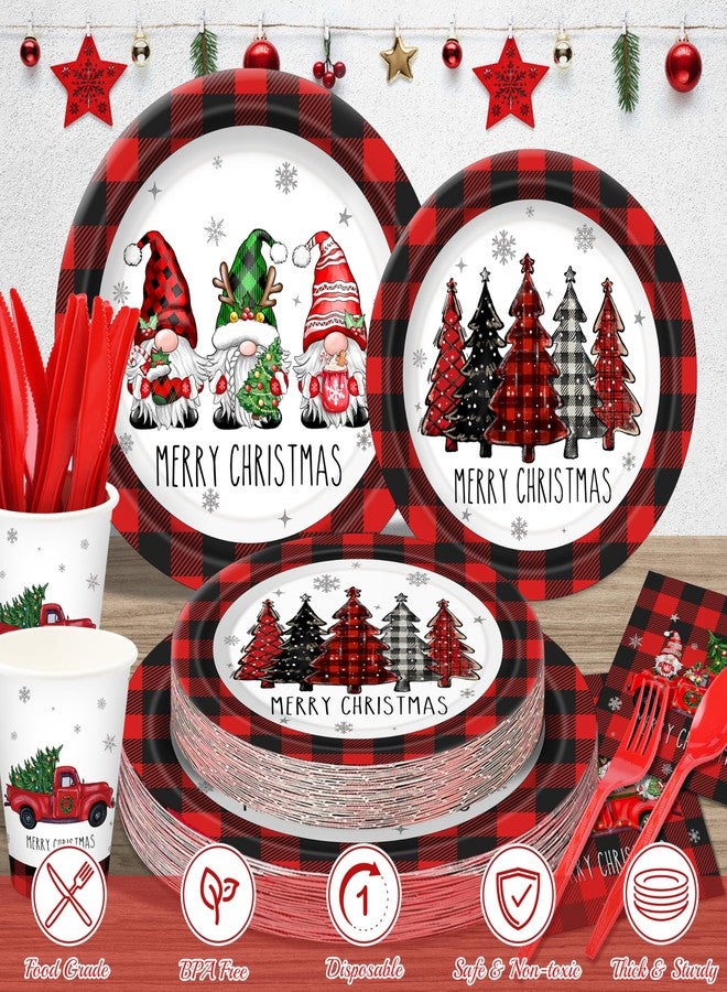 THAWAY Christmas Plates Set Christmas Dinner Tableware Set Disposable 168Pcs Christmas Party Supplies for 24 Guests Buffalo Plaid Christmas Paper Plates Napkins Cups Plastic Forks Knives Spoons - Image 4