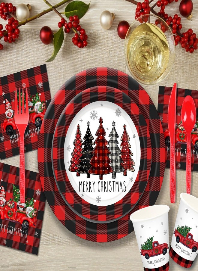 THAWAY Christmas Plates Set Christmas Dinner Tableware Set Disposable 168Pcs Christmas Party Supplies for 24 Guests Buffalo Plaid Christmas Paper Plates Napkins Cups Plastic Forks Knives Spoons - Image 5