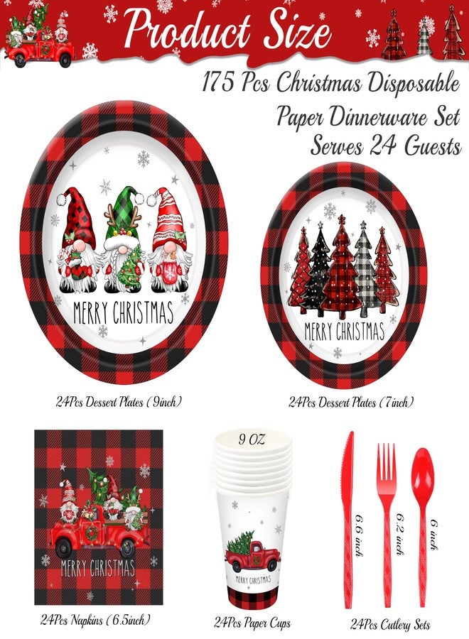 THAWAY Christmas Plates Set Christmas Dinner Tableware Set Disposable 168Pcs Christmas Party Supplies for 24 Guests Buffalo Plaid Christmas Paper Plates Napkins Cups Plastic Forks Knives Spoons - Image 2