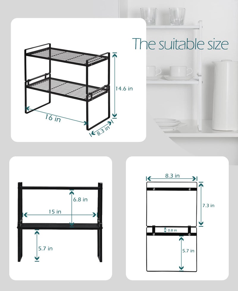 Shantton 2Pack Cabinet Shelf Organizer Storage Rack Space Saving for Kitchen Counter Pantry Bathroom Cupboard Under Sink Office Table Desk Steel Stackable Rust Resistant Heavy Duty Nonslip 16” Black - Image 3