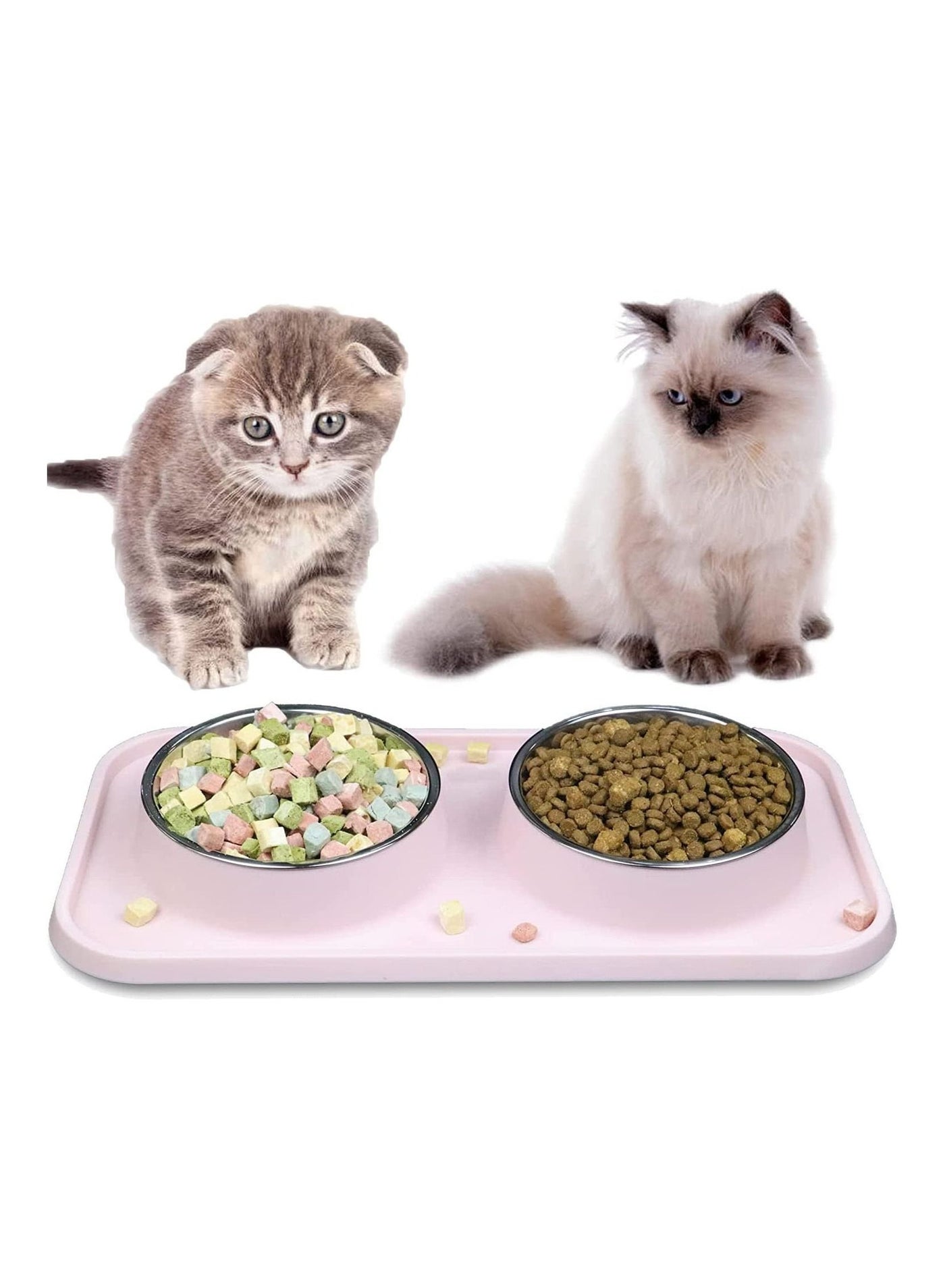 Cat Dog Bowls for Food and Water, Pet Food and Water Bowls with Non-Spill Plastic Mat Pet Cat Feeder Bowl Set for Puppy Cats Kitten (Pink)