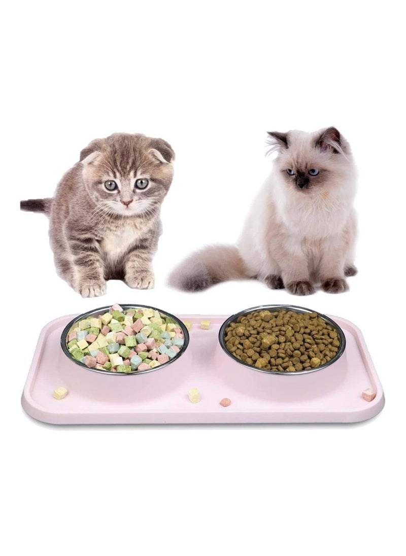 MahMir Cat Dog Bowls for Food and Water, Pet Food and Water Bowls with Non-Spill Plastic Mat Pet Cat Feeder Bowl Set for Puppy Cats Kitten (Pink)  - Image 1
