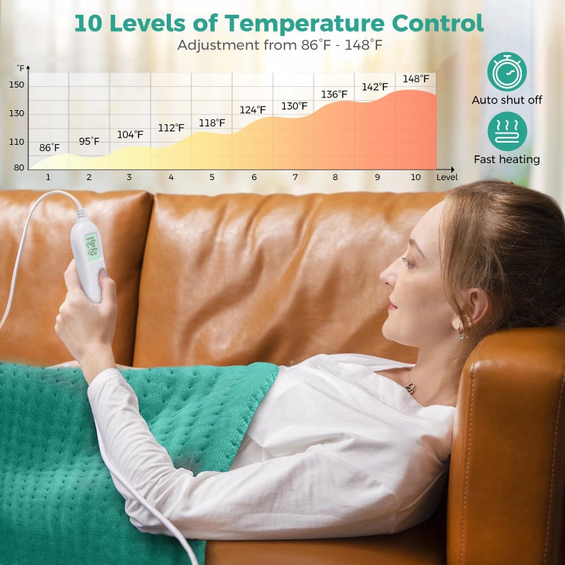 NOWWISH Heating Pad for Back Pain Relief & Period Cramps, 12x24 Inches Electric Heating Pad with 10 Heat Settings, Timer and Auto Shut-Off, Machine Washable, Valentines Day Gifts for Her, Green - Image 3