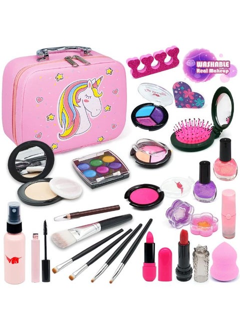 PYEBE Kids Makeup Kit for Girls - 33 Pcs Washable Real Makeup Set for Kids, Children Makeup Kit for Little Girls, Pretend Play Makeup Toy with Adorable Makeup Bag for Girl Aged 3 4 5 6 7 8
