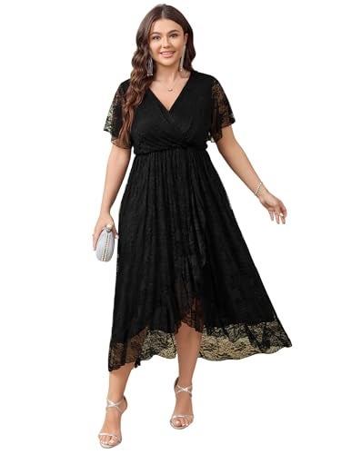 SCOMCHIC Womens Plus Size Wedding Guest Dress Formal Lace Wrap V Neck High Low Short Sleeve Cocktail Maxi Dresses XL-4XL Black - Image 1
