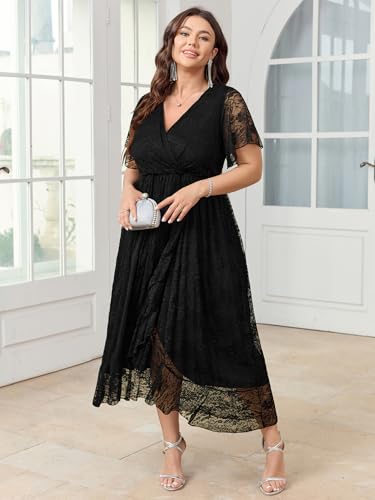 SCOMCHIC Womens Plus Size Wedding Guest Dress Formal Lace Wrap V Neck High Low Short Sleeve Cocktail Maxi Dresses XL-4XL Black - Image 2