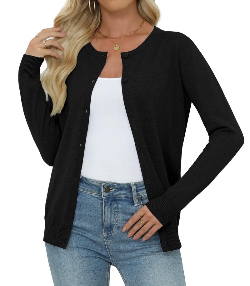 Yincro Women's Lightweight Crewneck Cardigan Long Sleeve Soft Knit Cardigans Sweater (Black, L) - Image 1