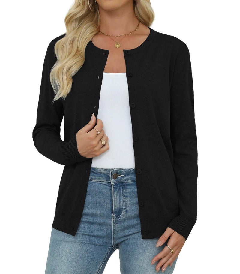 Yincro Women's Lightweight Crewneck Cardigan Long Sleeve Soft Knit Cardigans Sweater (Black, L) - Image 2