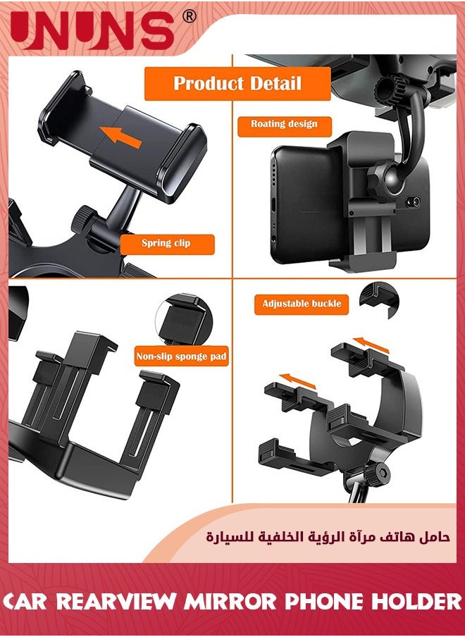 UNUNS - Phone Holder For Car,Rear View Mirror Phone Holder Mount,Car Phone Bracket/Stand With 360° Swivel And Adjustable Clips,Universal Smartphone Cradle,Automobile Accessories,Black - Image 1