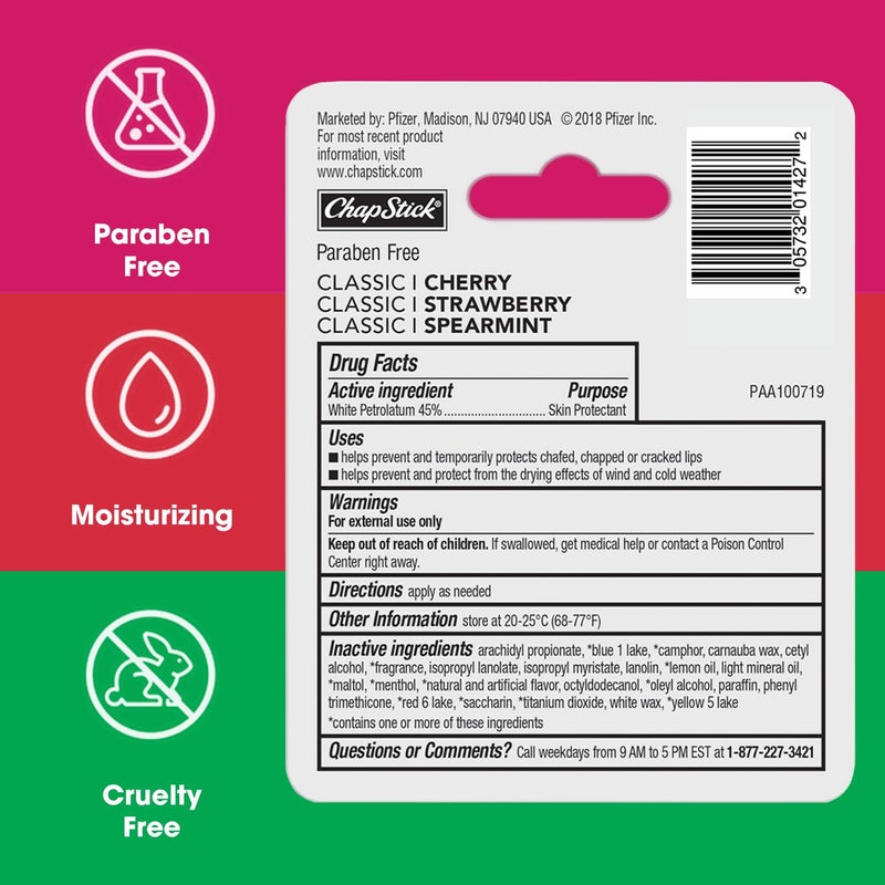 chapstick مجموعة عناية بالشفتين من شابستيك، مجموعة كلاسيكية 3 عبوات - نعناع، كرز، وفراولة بلسم الشفاه، 0.15 كل واحدة - Image 2