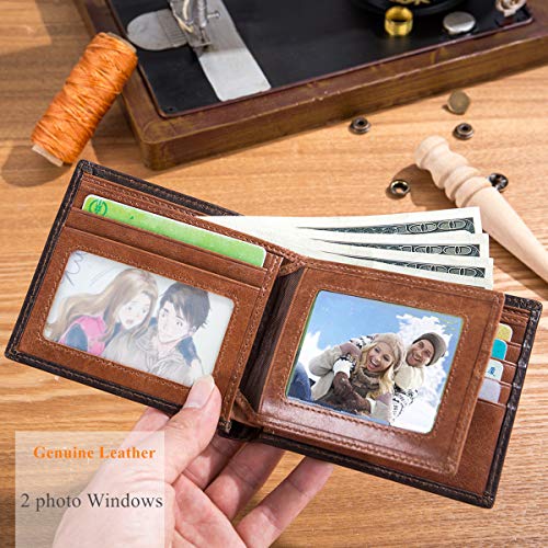 BULLCAPTAIN RFID Wallets for Men Slim Bifold Genuine Leather Front Pocket Wallet with 2 ID Windows QB-05 (Brown) - Image 3