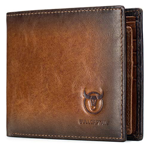 BULLCAPTAIN RFID Wallets for Men Slim Bifold Genuine Leather Front Pocket Wallet with 2 ID Windows QB-05 (Brown) - Image 1