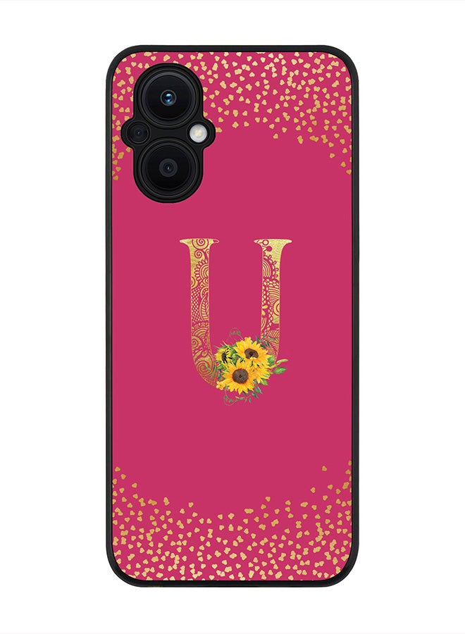 Stylizedd Rugged Black Edge Case for Oppo Reno7 Z , Slim fit Thin Cover -  Custom Monogram Initial Letter Mandala Floral Pattern Alphabet- U (Dark Pink Rose) - Image 1