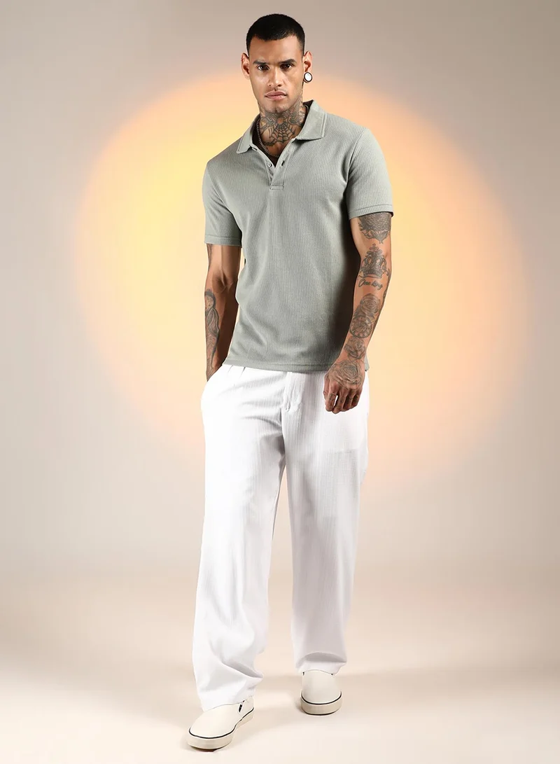 Campus Sutra Men's Asparagus Green Ribbed Polo T-Shirt