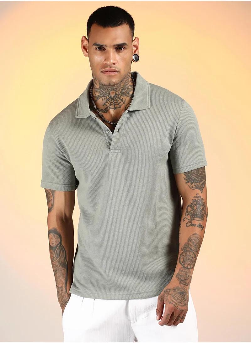 كامبوس سوترا Men's Asparagus Green Ribbed Polo T-Shirt