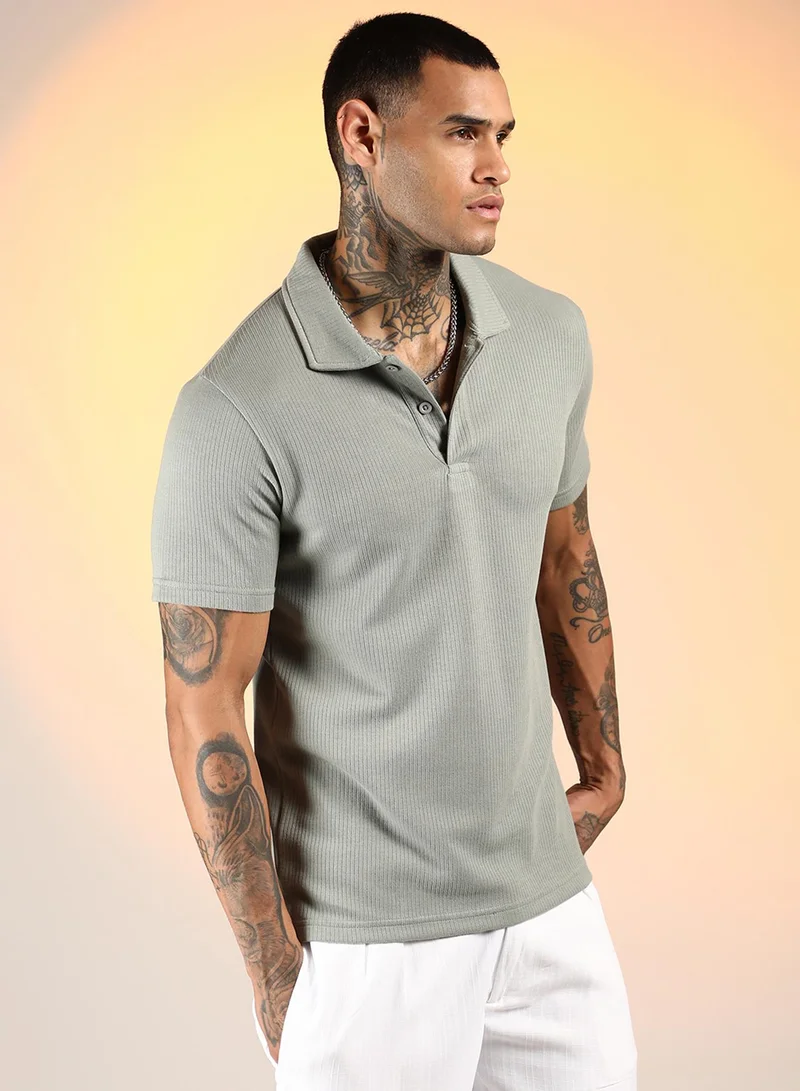 Campus Sutra Men's Asparagus Green Ribbed Polo T-Shirt
