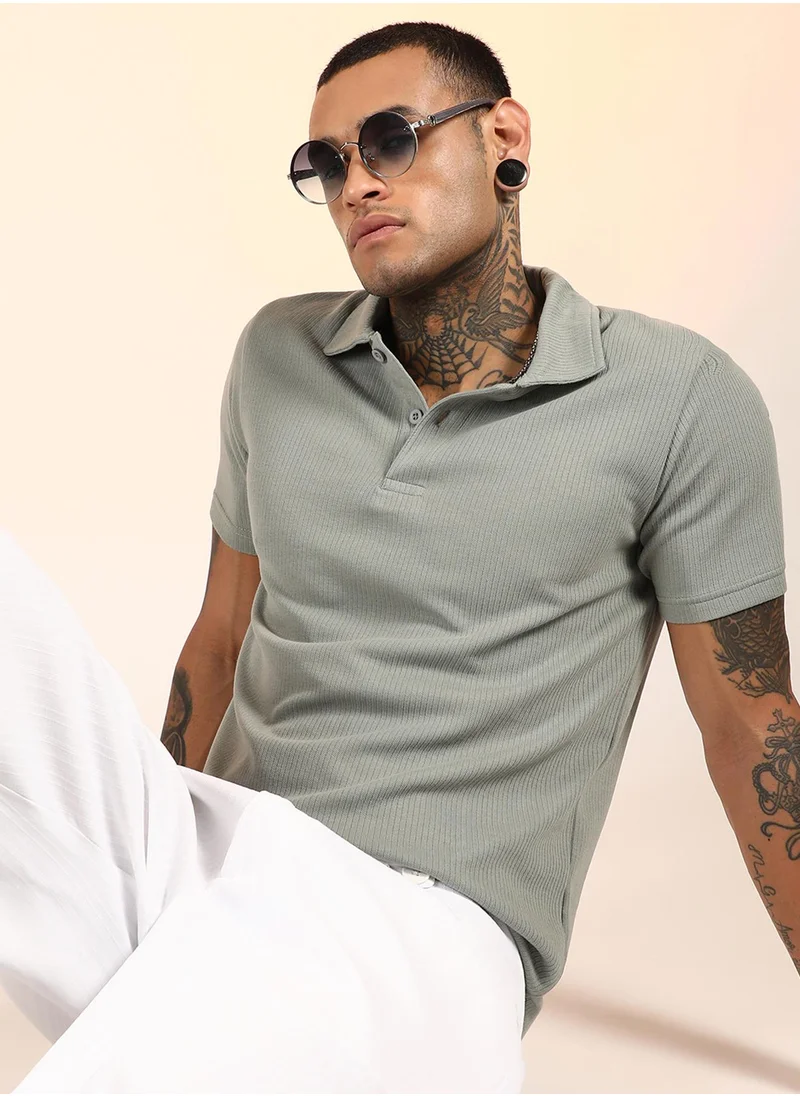 كامبوس سوترا Men's Asparagus Green Ribbed Polo T-Shirt