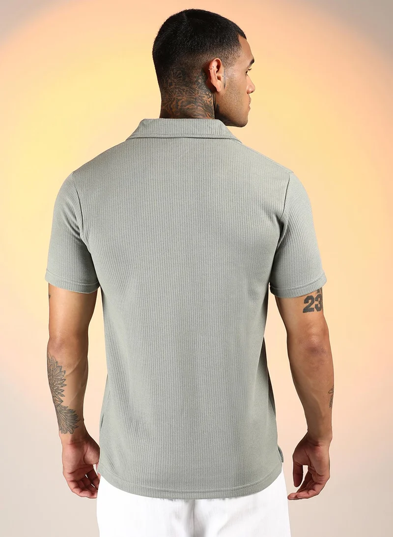 Campus Sutra Men's Asparagus Green Ribbed Polo T-Shirt