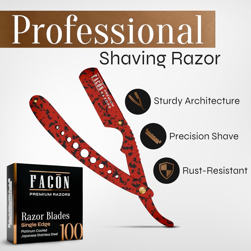 FACON Facón Straight Razors for Men - Professional Barber Straight Edge Razor Kit with 100 Blades, Classic Stainless Steel Barbero Shaver for a Smooth & Precise Shave, Premium Barber Razor for Men's Shaving - Image 2