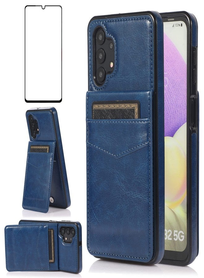 أسو ويش جراب هاتف سامسونج جالاكسي A32 5G مقاس 6.5 بوصة مع واقي شاشة من الزجاج المقوى، وحامل بطاقات ائتمان، ومحفظة، وغطاء، وحامل، وإكسسوارات جلدية للهواتف المحمولة، متوافق مع جالاكسي A32 و32A وS32 وG5 وA326U، باللون الأزرق، للرجال والنساء - Image 1