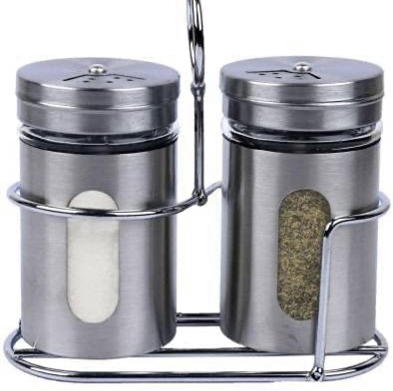 HAINE Stainless Steel Salt and Pepper Shaker with Transparent Glass 100 ml (Set of 2) with Stand - Image 1