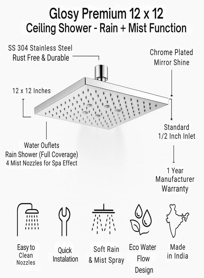 Glosy 12x12 Inch 2-Function Ceiling Shower (Rain + Mist) | SS 304 Stainless Steel | Luxury Overhead Shower - Image 3