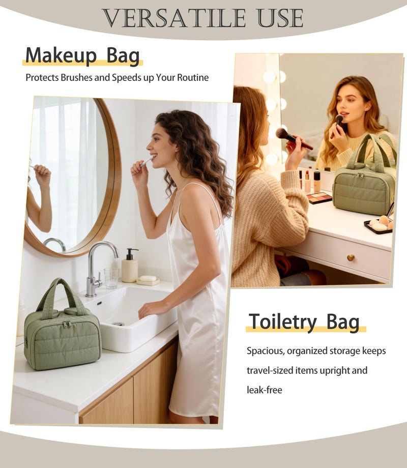 BUZFOWU Travel Toiletry Bag for Women, Large Wide-open Puffy Cosmetic Makeup Bag with Wet-Dry Separation, Multi-Pocket Organizer with Carry Handle for Toiletries, Cosmetics, Essentials, Green - Image 2