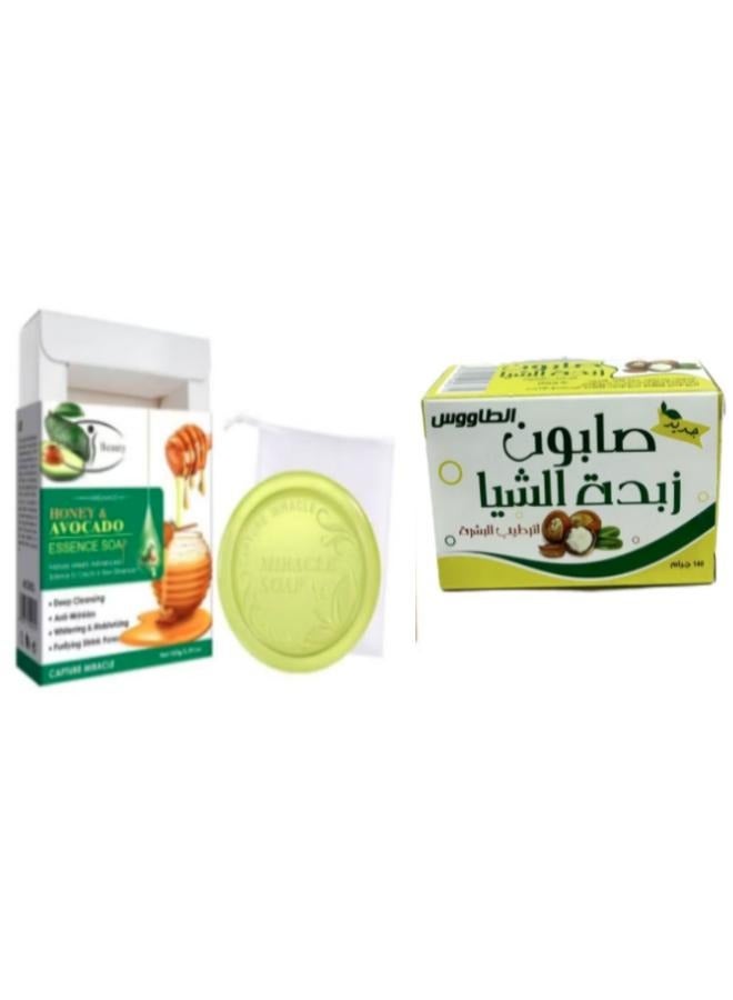 طاووس صابون زبدة الشيا 140 جرام مع صابون بخلاصة العسل و الأفوكادو 100 جرام - Image 1