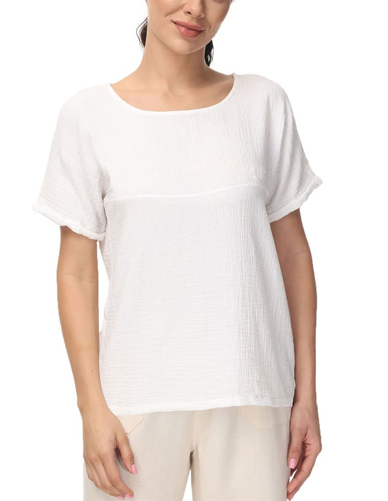 Soojun Women's Cotton Linen Round Collar Boxy Top Patchwork Blouses White, Medium - Image 3