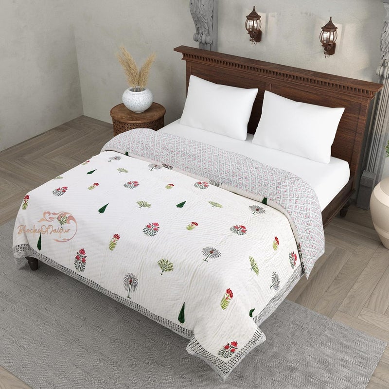 BLOCKS OF JAIPUR BLOCKS OF JAIPUR Original Pure Cotton Jaipuri Razai Hand Block Multi Flower Print Reversible Comforter Lightweight AC Quilt Summer and Winter Bedding Throw Bed Blanket Double Bed 90X108 Inches  - Image 1
