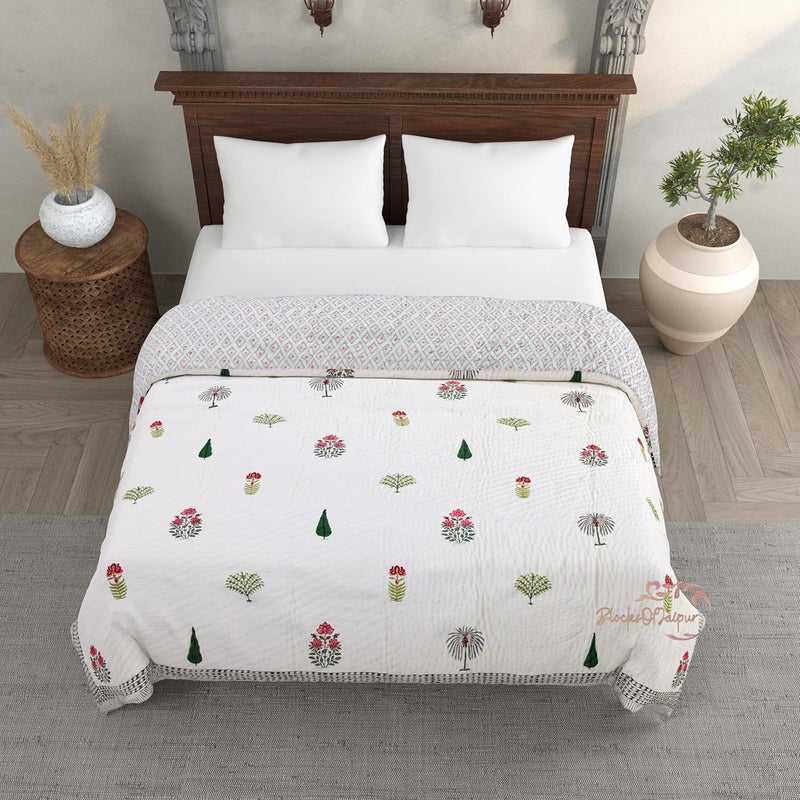 BLOCKS OF JAIPUR BLOCKS OF JAIPUR Original Pure Cotton Jaipuri Razai Hand Block Multi Flower Print Reversible Comforter Lightweight AC Quilt Summer and Winter Bedding Throw Bed Blanket Double Bed 90X108 Inches  - Image 2