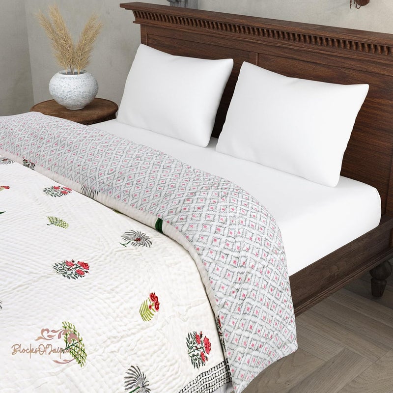 BLOCKS OF JAIPUR BLOCKS OF JAIPUR Original Pure Cotton Jaipuri Razai Hand Block Multi Flower Print Reversible Comforter Lightweight AC Quilt Summer and Winter Bedding Throw Bed Blanket Double Bed 90X108 Inches  - Image 3