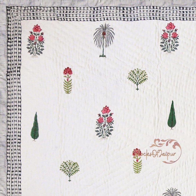 BLOCKS OF JAIPUR BLOCKS OF JAIPUR Original Pure Cotton Jaipuri Razai Hand Block Multi Flower Print Reversible Comforter Lightweight AC Quilt Summer and Winter Bedding Throw Bed Blanket Double Bed 90X108 Inches  - Image 5