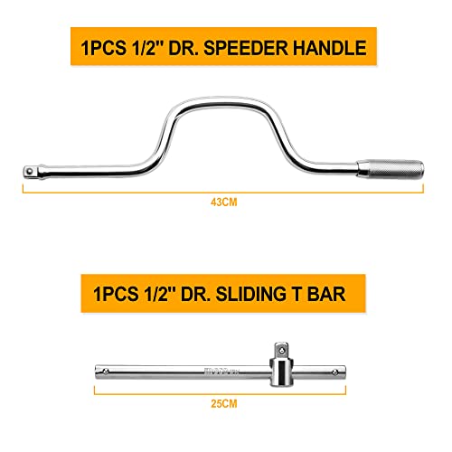 Ingco 24Pcs 1/2" Socket Set, 18pcs 1/2" CRV DR. Sockets, Extension Bar, Universal Joint, Sliding T Bar, Speeder Handle, Quick Ratchet Handle, Hand Tools Set with Metal Box - Image 5