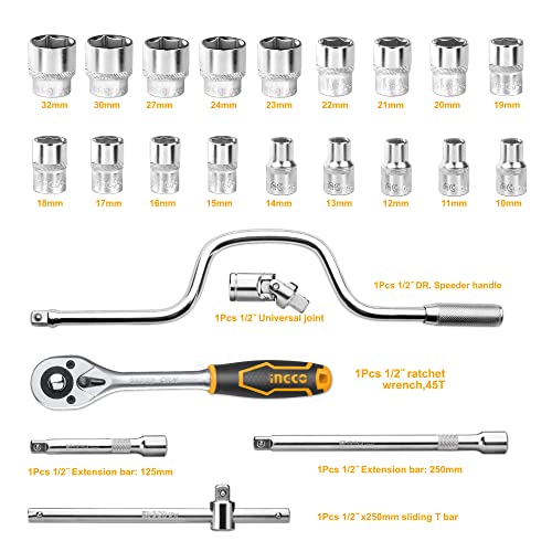 Ingco 24Pcs 1/2" Socket Set, 18pcs 1/2" CRV DR. Sockets, Extension Bar, Universal Joint, Sliding T Bar, Speeder Handle, Quick Ratchet Handle, Hand Tools Set with Metal Box - Image 2