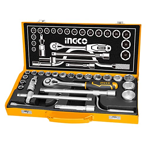 Ingco 24Pcs 1/2" Socket Set, 18pcs 1/2" CRV DR. Sockets, Extension Bar, Universal Joint, Sliding T Bar, Speeder Handle, Quick Ratchet Handle, Hand Tools Set with Metal Box - Image 1