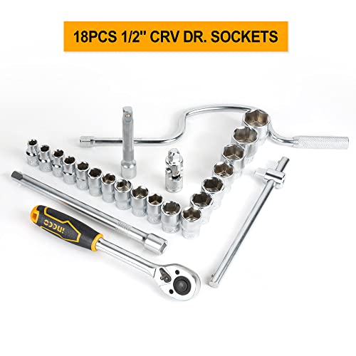Ingco 24Pcs 1/2" Socket Set, 18pcs 1/2" CRV DR. Sockets, Extension Bar, Universal Joint, Sliding T Bar, Speeder Handle, Quick Ratchet Handle, Hand Tools Set with Metal Box - Image 4