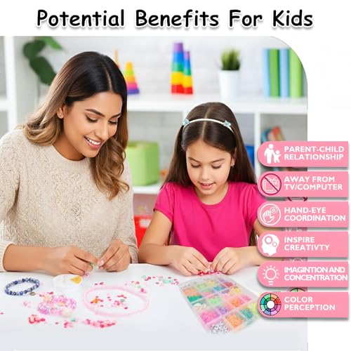 WISHKEY DIY Jewellery Making Set for Kids DIY Bracelet Making Set Necklace Hairband and Rings for Girls Craft Set Scissors String Charms Storage Case Toys for Girls 7-14 Years Ring Beads Kit - Image 2