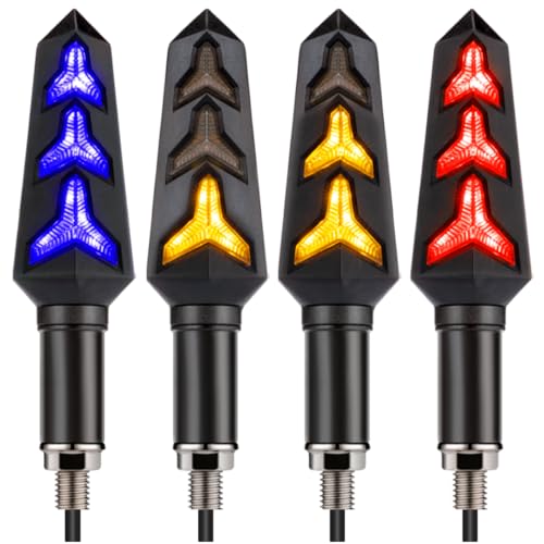 KICRY Sequential Turn Signal Motorcycle Blinkers LED Front Rear Flowing Indicators Daytime Running Light Universal Compatible with Harley Honda Kawasaki Suzuki Yamaha (Blue/Amber/Red) - Image 1