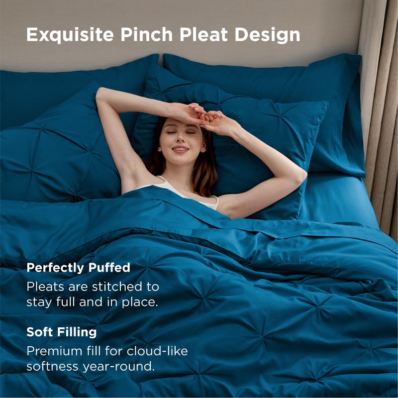 Bedsure Queen Comforter Set Teal - Bed in a Bag Queen Size Bedding 7 Pieces, GentleSoftâ„¢ Pintuck Bed Set Gift for Family, Pinch Pleat All Season Comforter with Sheets, Pillowcases & Shams - Image 3