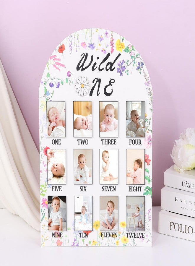 RANERVZ My First Year Photo Display Sign from 1-12 Months Wild One Flower Wooden Picture Frame for 1st Birthday Party Decorations Milestone Monthly Board for Girl One Birthday Nursery Decor Baby Keepsake Gift - Image 4