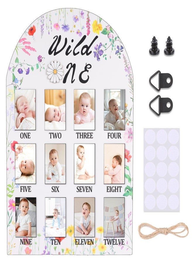 RANERVZ My First Year Photo Display Sign from 1-12 Months Wild One Flower Wooden Picture Frame for 1st Birthday Party Decorations Milestone Monthly Board for Girl One Birthday Nursery Decor Baby Keepsake Gift - Image 1