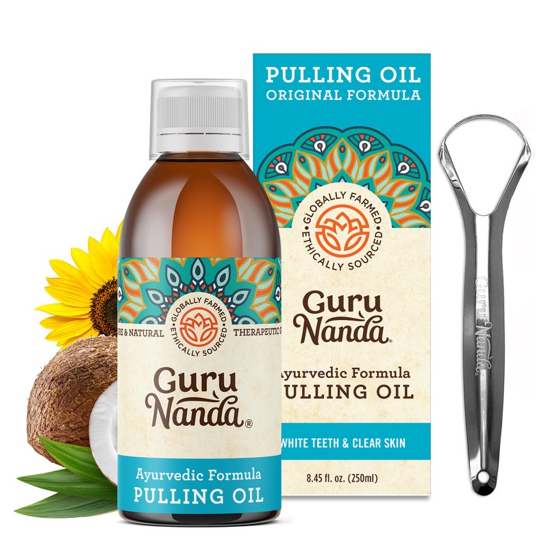 GuruNanda Original Oil Pulling with Tongue Scraper, Alcohol & Fluoride Free Mouthwash for Teeth & Gum Health & Fresh Breath (Unflavoured), 8.45 Fl Oz - Image 1