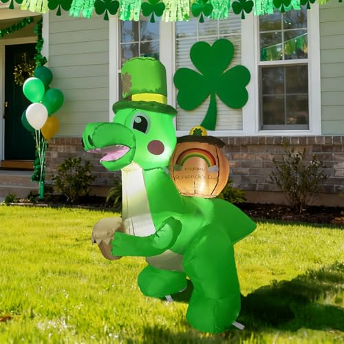 InfleasJoiy 4FT Dinosaur Carrying a Cylinder Inflatable Decoration St. Patrick's Day Decoration with LED Lights for Holiday Celebration Decorations for Yard, Lawn and Patio - Image 2