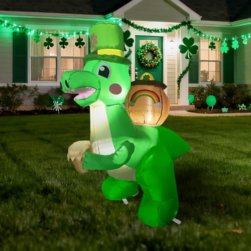 InfleasJoiy 4FT Dinosaur Carrying a Cylinder Inflatable Decoration St. Patrick's Day Decoration with LED Lights for Holiday Celebration Decorations for Yard, Lawn and Patio - Image 1